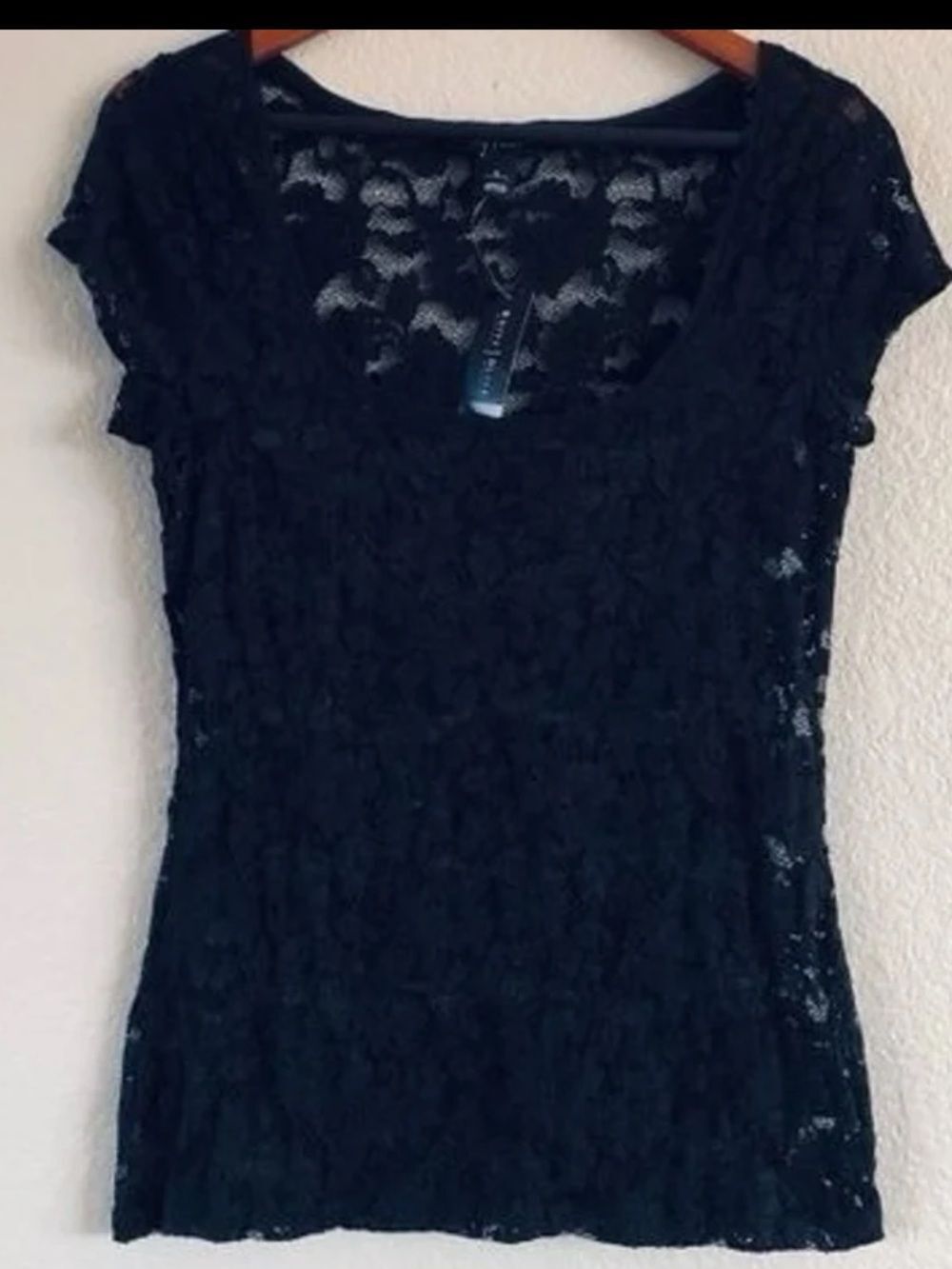 White House Black Market Sheer Lace Overlay Black Top S